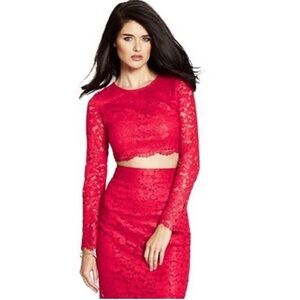 Marciano Red Hot Rebelle Metallic Lace Piya Long Sleeve Crop Top + Skirt Set